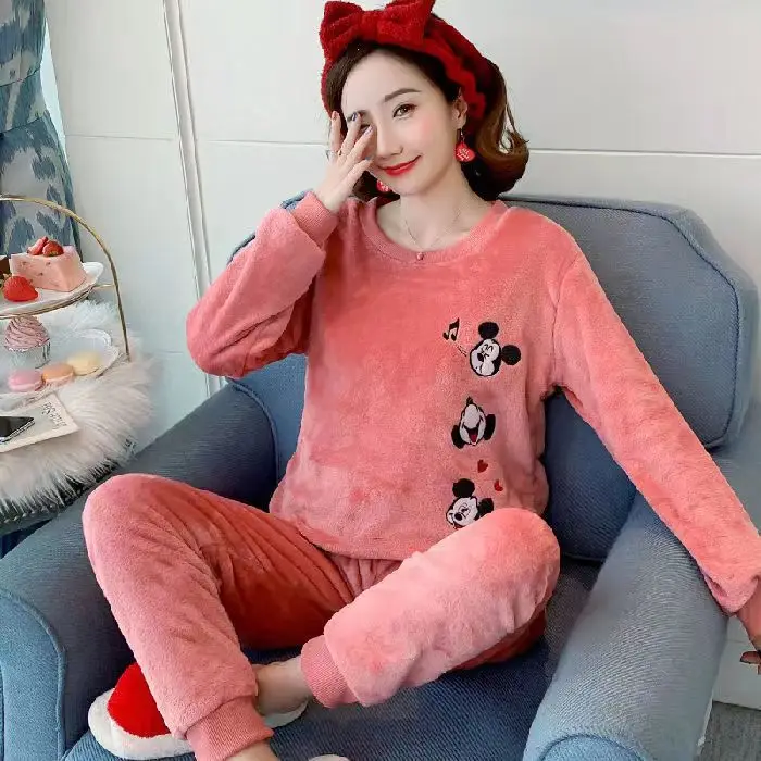 

Disney 2PCS Cartoon Mickey Polka Dot Printed Pajamas Women's Autumn Winter Coral Fleece Sweet Cute Flannel Home Wear Pajamas Set