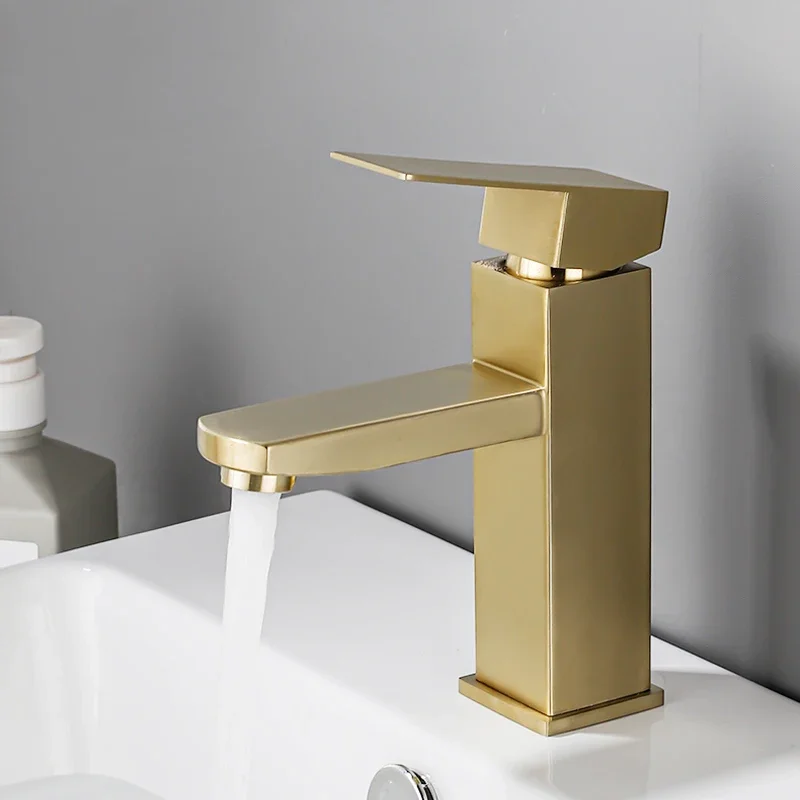 

Modern Basin Faucet Bathroom Brushed Gold Faucet Deck Mounted Basin Sink Tap 304 Stainless Steel Mixer Hot & Cold Water Faucets