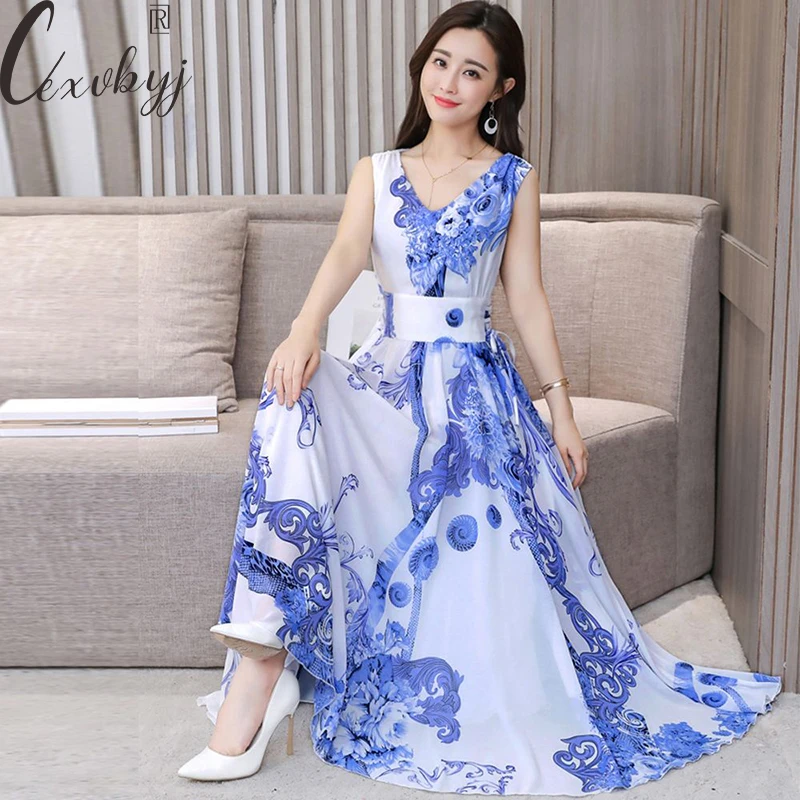 

Boho Style Maxi Dress Women Fashion Floral Print V-Neck Summer Chiffon Dress Vintage Slim Waist Short Sleeve Plus Size Vestidos