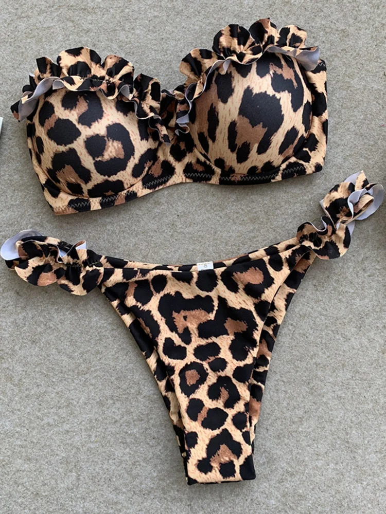 Sexy Leopard Ruffled Bra Cup Bikini 2024 Women Bandeau Swimsuit Female Swimwear Two Pieces Bikini Set High Cut Bathing Suit Swim