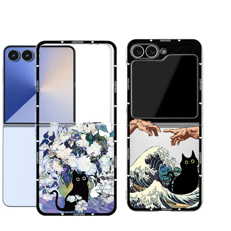 Van Gogh-Inspired Black Cat Transparent Phone Cover with Sunflower Design