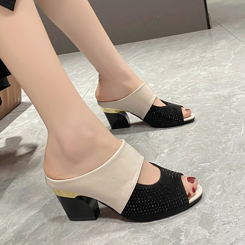 Women Sandals Square Heel 2023 Summer Shoes Woman Fashion Slides Cut-out Open Toe Slip on Mothers Sandal Female Bling Slippers