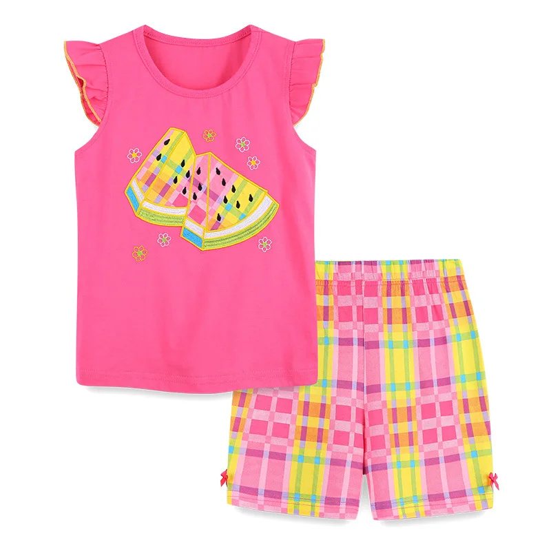 

Wind Embroidery Girls' Short-Sleeved Suit Summer New Cartoon Pullover Two-Piece Knitted Cotton Children's SuitAosd