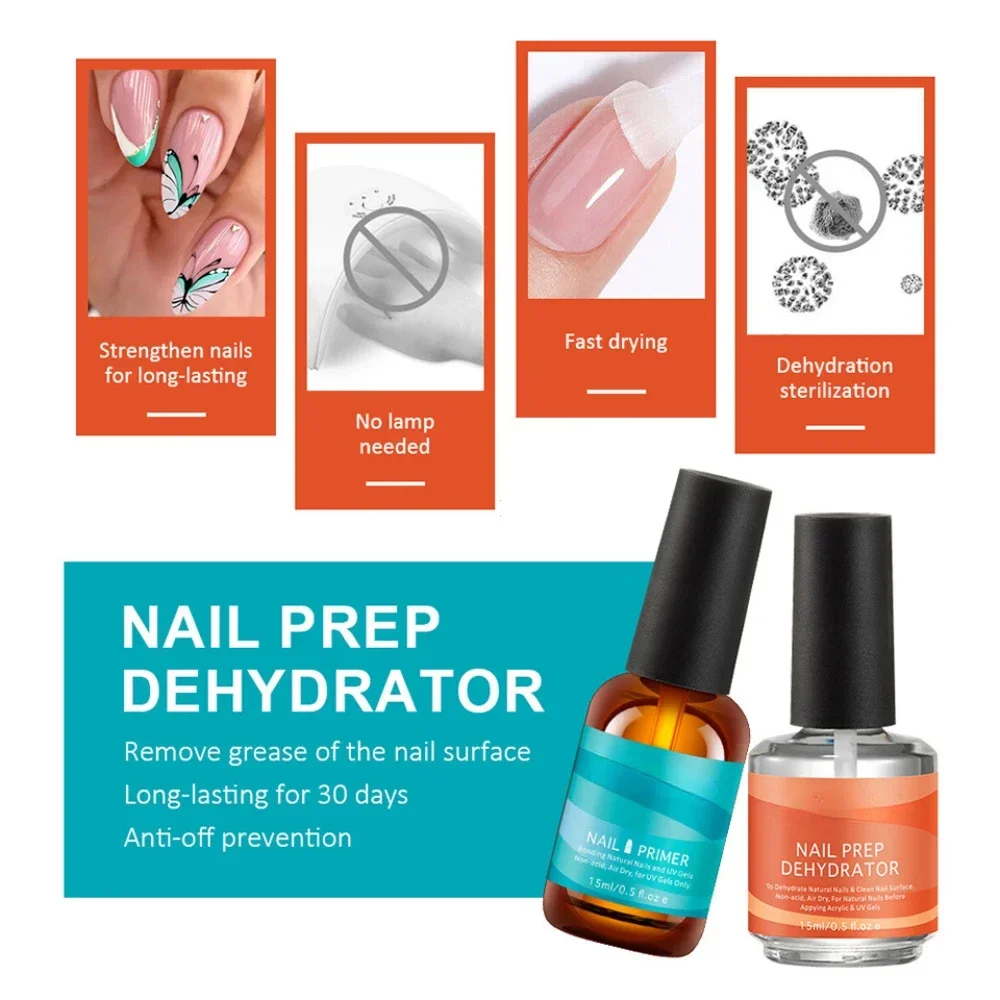 2Pcs 15ml Nail Primer Fast Air Dry Prep Dehydrator For Nail Soak Off Base Primer Gel First Nails Gel for Manicure Tools