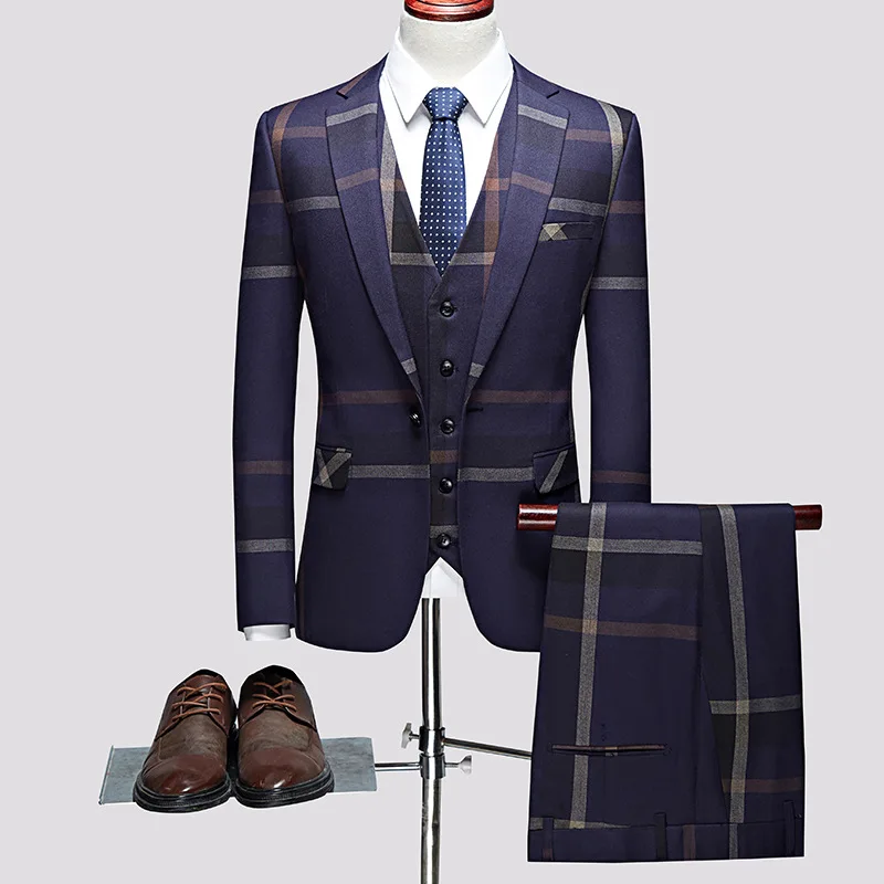 3 Pcs Suits Set Coat Vest Pants / Fashion Men's Casual Boutique Business Plaid Slim Formal Dress Blazers Jacket Waistcoat