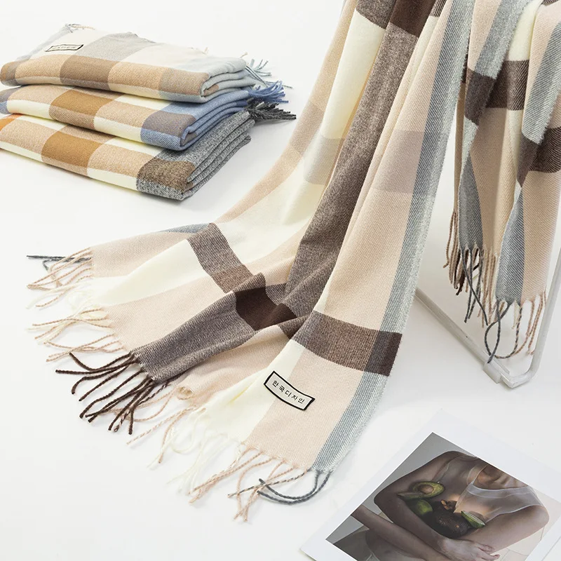 Imitation Cashmere Check Scarf for Women, Big Straight Shawl, Luxury Hijab Scarves, Autumn and Winter