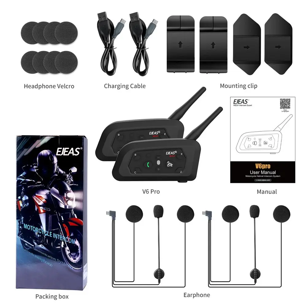 Ejeas v6 pro + motorrad intercom helm bluetooth headset 6 fahrer 800m kommunikator wasserdicht v 5,1 musik player sprechanlage – Detail 18