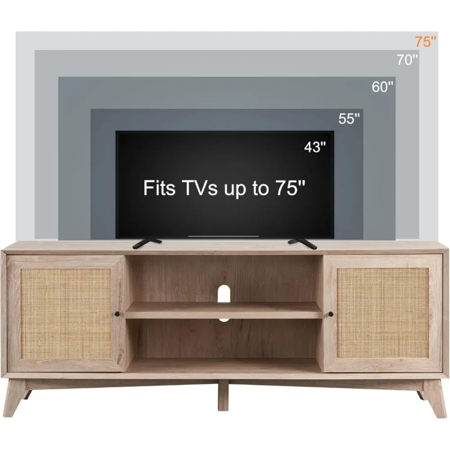 TV Stand for 75+ Inch TV, Modern Entertainment Center w/Natural Rattan Door, Storage Shelves, Large Boho Media TV Console
