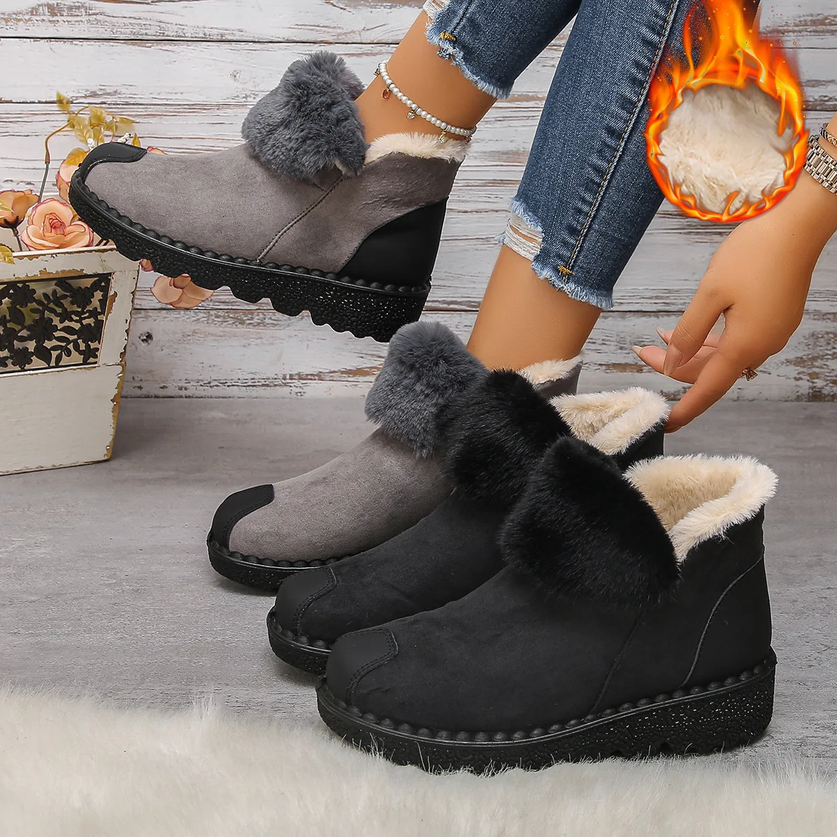 2025 Women Snow Ankle Boots Flats Winter Warm Comfortable Short Boots New Fashion Fur Plush Suede Shoes Women Zapatos De Mujer