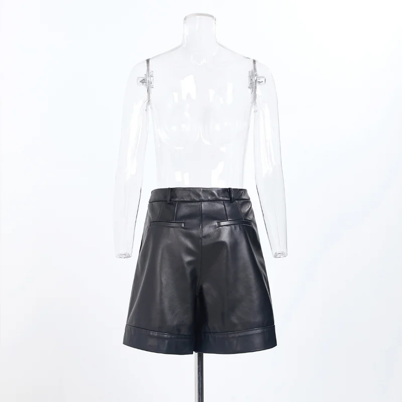 Genuine Leather Pants Women Casual Black High-waisted Loose Buttocks Wide Leg Pants A-line Hot Pants Leather Shorts