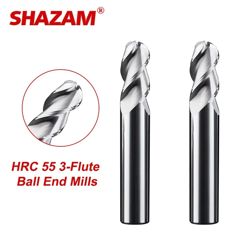 

SHAZAM R0.5-R10 HRC55 3-флейтовый шариковый Фрезерный резак, карбид вольфрамовой стали для алюминия, механический обрабатывающий центр с ЧПУ, концевые фрезы
