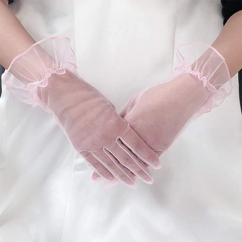 Wrist Transparent Women Tulle Gloves Ultra Thin Short Gauze Lace Gloves Bridal Full Finger Wedding Mesh Gloves Ladies