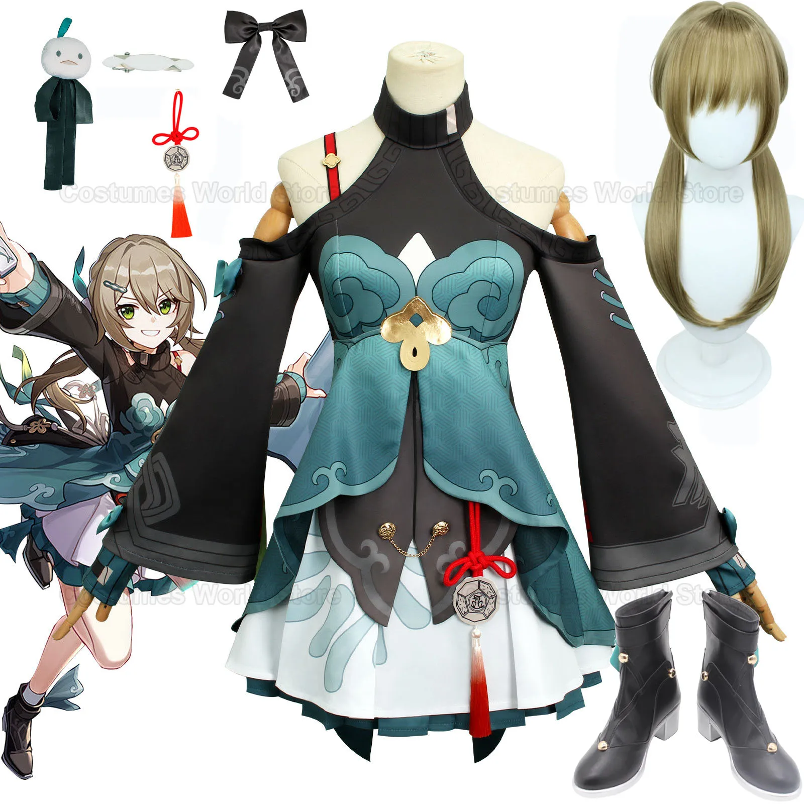 

Anime Cosplay Honkai: Star Rail Qingque Cosplay Costume Qing Que Game Suit Kostüm Halloween Karneval Outfits Wig for Comic Con