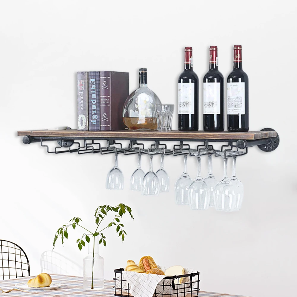 Wine Rack Wall Floating Bar Shelves Wine Shelf Real Wood Shelves Wall Shelf Unit Steam Punk Pipe Shelving Wine Glass Rack 5