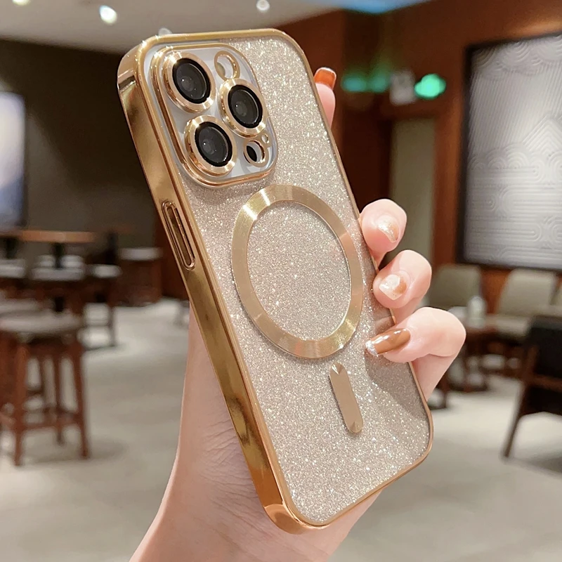 thumbnail image 1 of Luxury Electroplate Magsafe Wireless Charge Phone Case For iPhone 15 14 13 12 11 Pro Max 15 Plus Soft Bumper Glitter Cover Case, 1 of 5