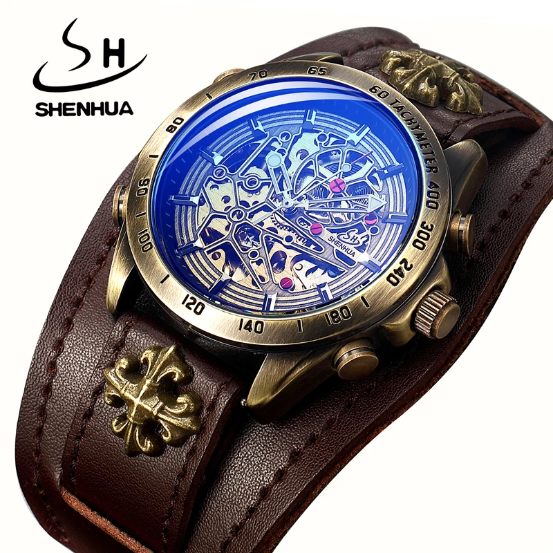 

SEHNHUA New Antique Bronze Men's Automatic Mechanical Watch Luxury Carving Skeleton Waterproof Watch Steampunk Style Men Watch