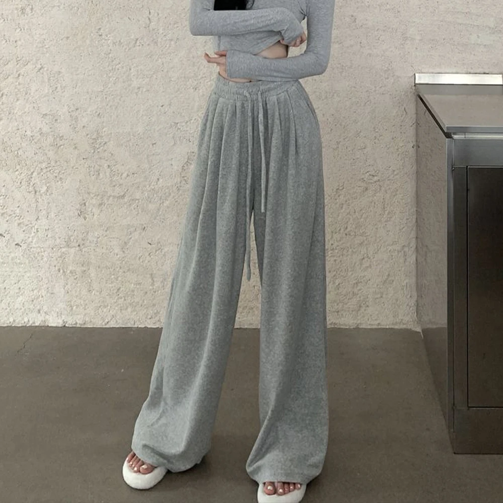 

Casual Pants Women Autumn Solid Gray Folds Baggy All-match Simple Wide Leg Korean Style Fashion College De Mujer Pantalón Chic