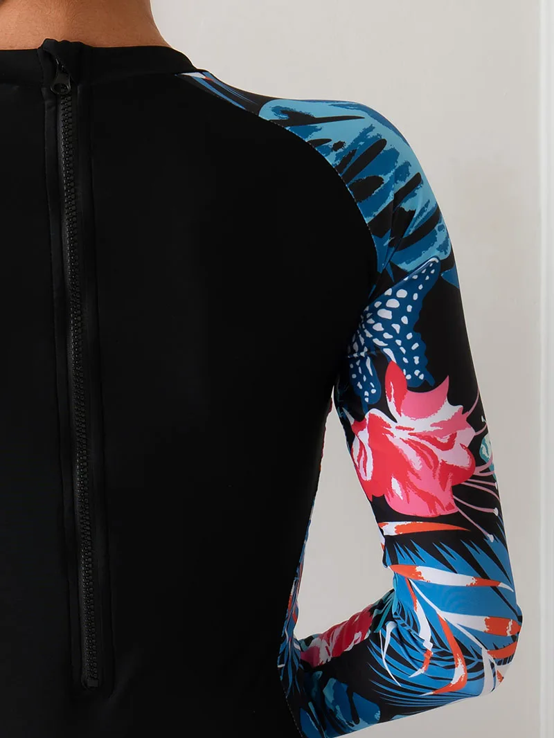 Surfing Sport Swimsuit Long Sleeves Women One Piece Swimsuit Zipper Swimwear Monokini Bathing Suit Tropical Bodysuit