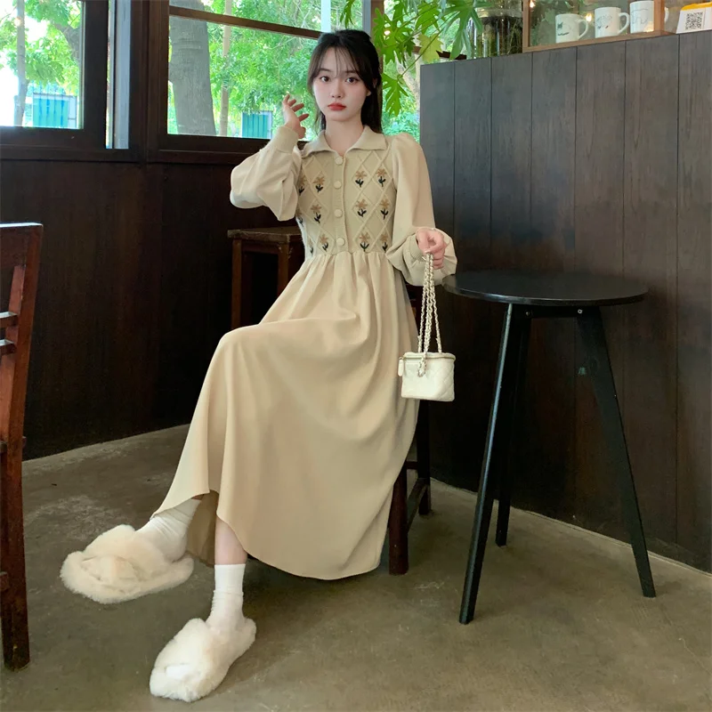 

2022 French Autumn Winter Clothes New Lapel Work Clothes Embroidery Knitting Splicing Corduroy False Two Piece Dress Women Y2k