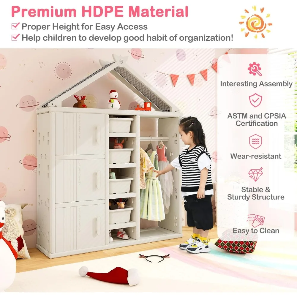 Kids Dress Up Storage, Open Hanging Armoire Closet with Storage Bins, Shelves, Side Baskets, Kids Dress Up Rack for Kids Room 4