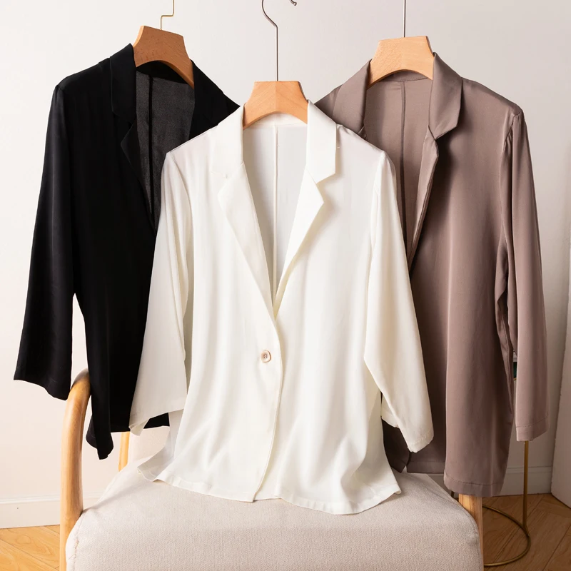 

Women 95% Mulberry Silk 5% Spandex 19 momme Black White Brown One Button Blazer Jacket office work M L XL YAMI0050