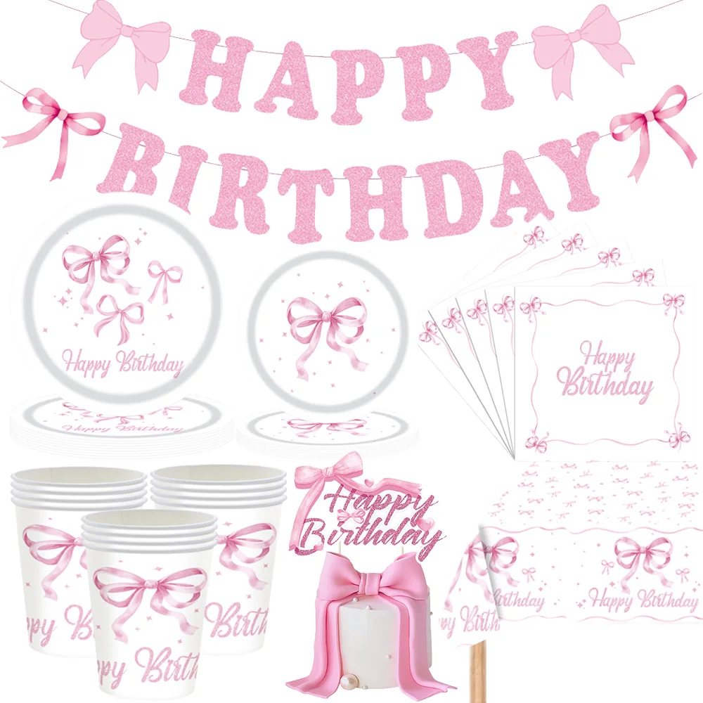 Rosa Schleife, Geburtstagsthema, Partyzubehör, Geburtstagsdekorationen, inklusive rosa Schleife, Geschirr, Schleife, Mädchen-Geburtstagsparty-Dekoration