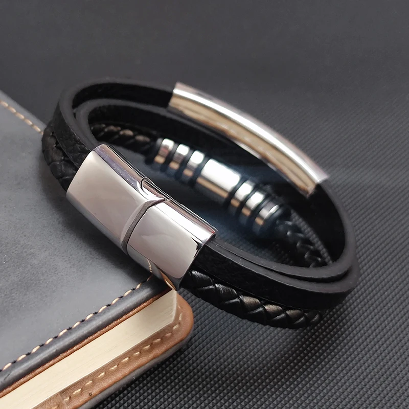 Stainless Steel & Leather Multilayer Men's Bracelet - Stylish Gift