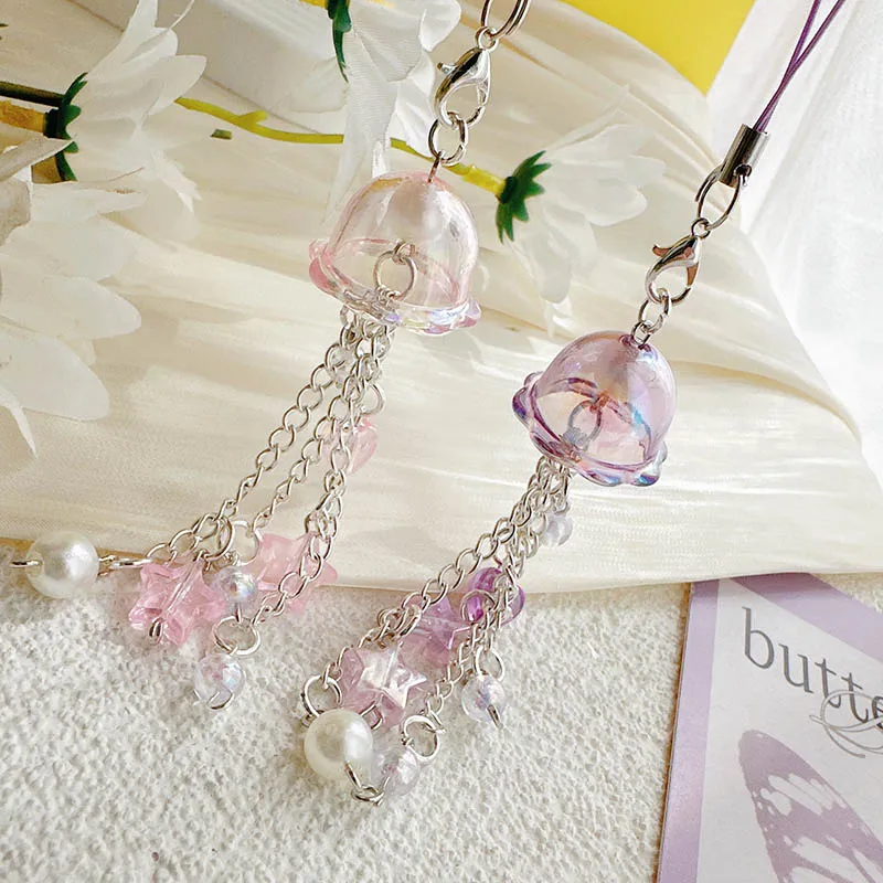 Retro Purple Pink Jellyfish Keychain with Beaded Star and Heart Charm