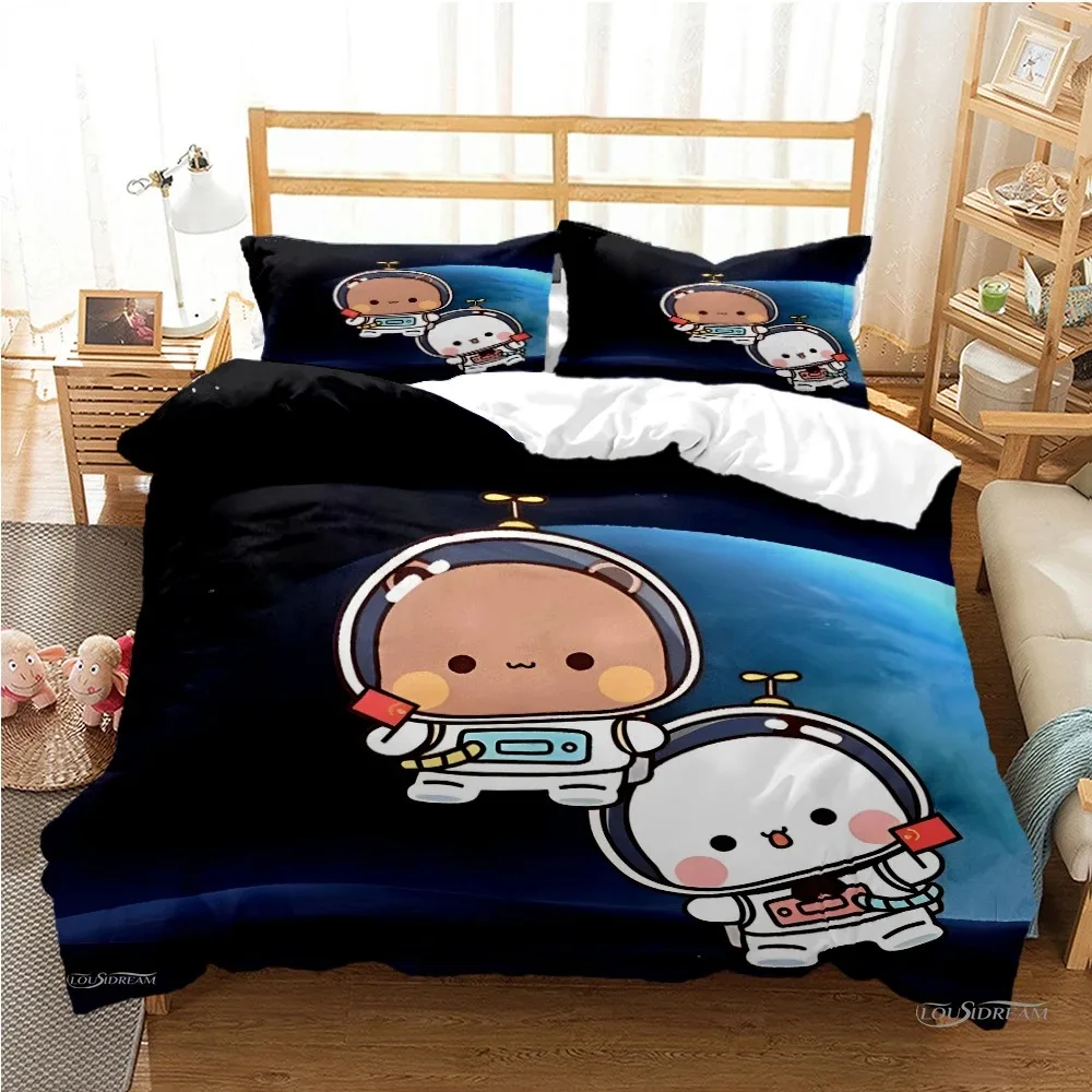 Bubu Dudu Cartoon Bear Panda Duvet Cover Set with kawaii print on queen bed