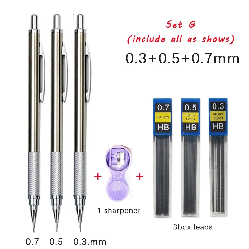 Metal Mechanical Pencil Set 0.3 0.5 0.7 0.9 1.3 2.0mm Lead Refills Art Automatic Drafting Sketching Pencils Office School Supply 6
