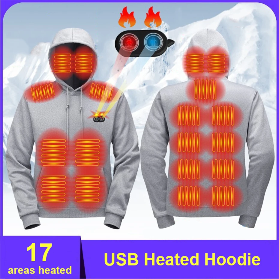 USB Heating Hoodie Men Hooded Heating Knitted Sweatshirt 17 Zones Electric Heated Hoodies Autumn Winter Warm Hoodies Male