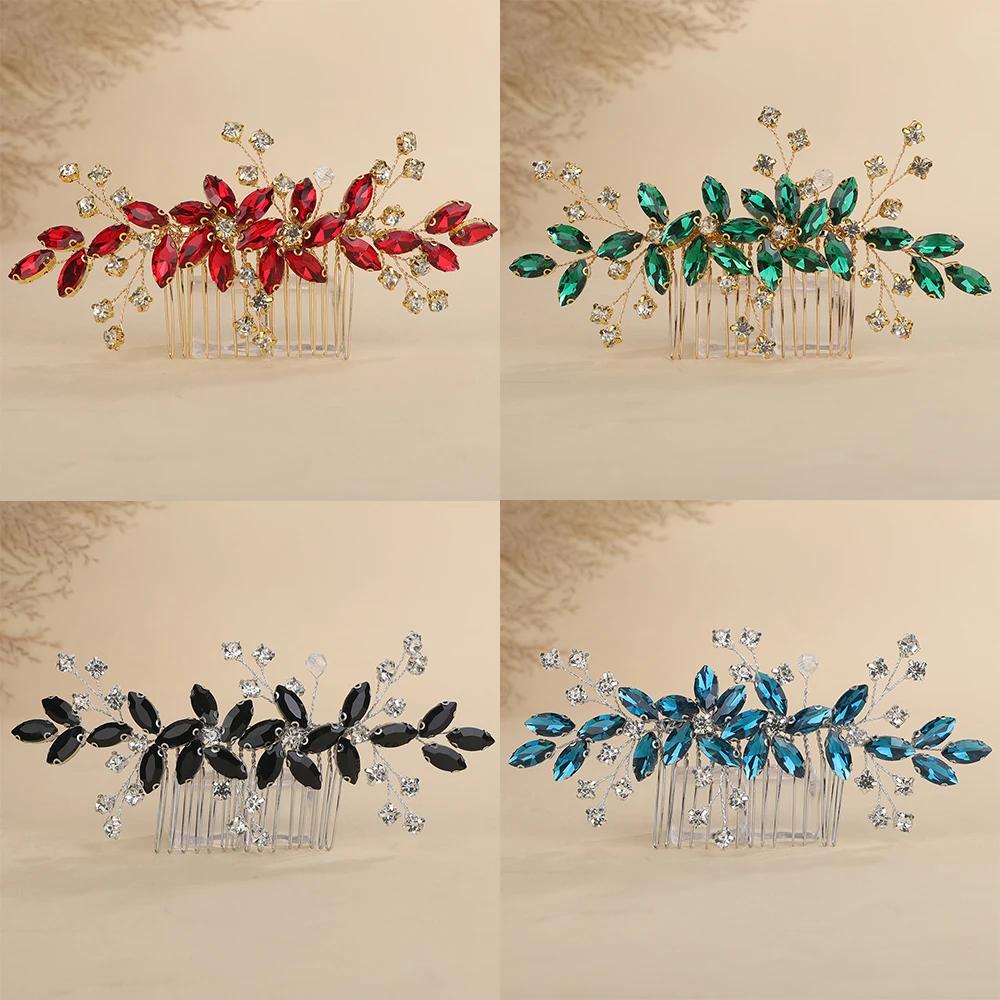 Trendy Red Rhinestone Bridal Hair Comb for Women Black Wedding Hair Accessories Jewelry Green Bride Piece Blue Party Tiaras