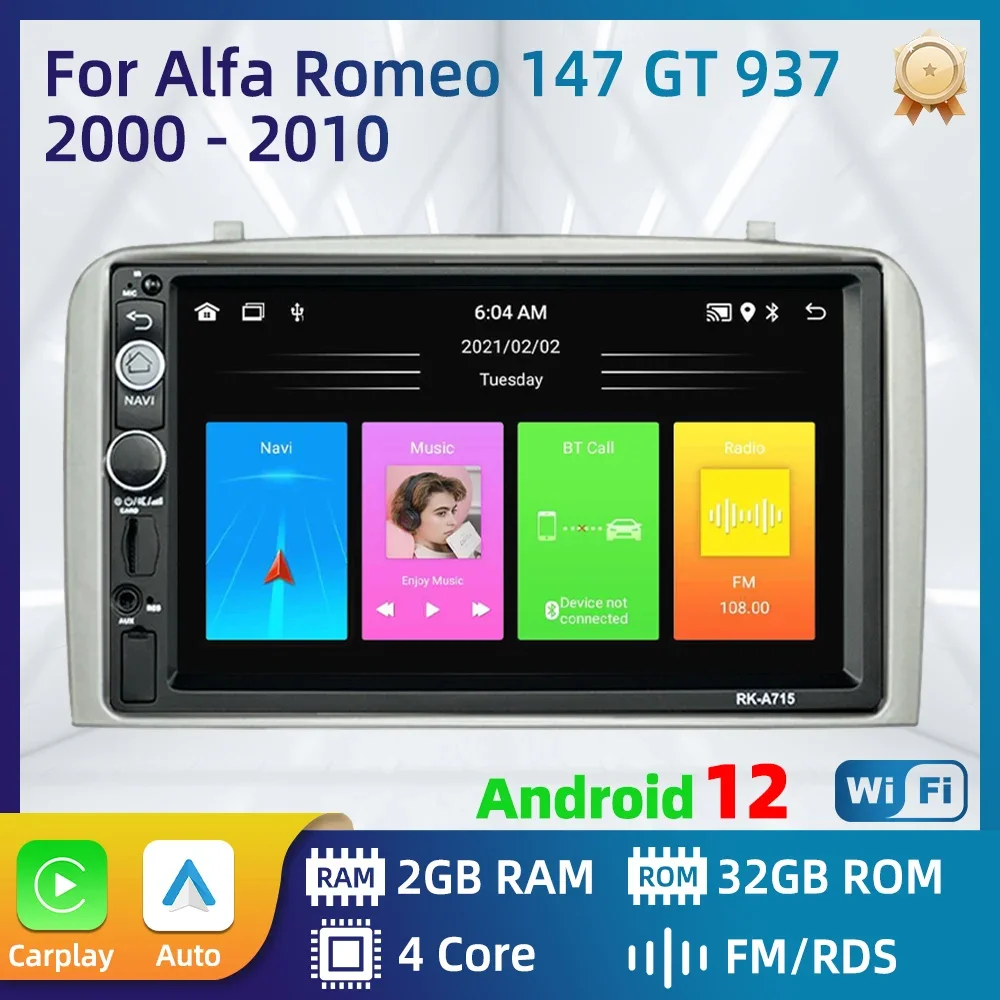 Alfa Romeo 147 GT 937 용 차량용 스테레오 2000-2010 라디오 2 Din 안드로이드 차량용 멀티미디어 플레이어 헤드 유닛 Autoradio Carplay 안드로이드 Auto