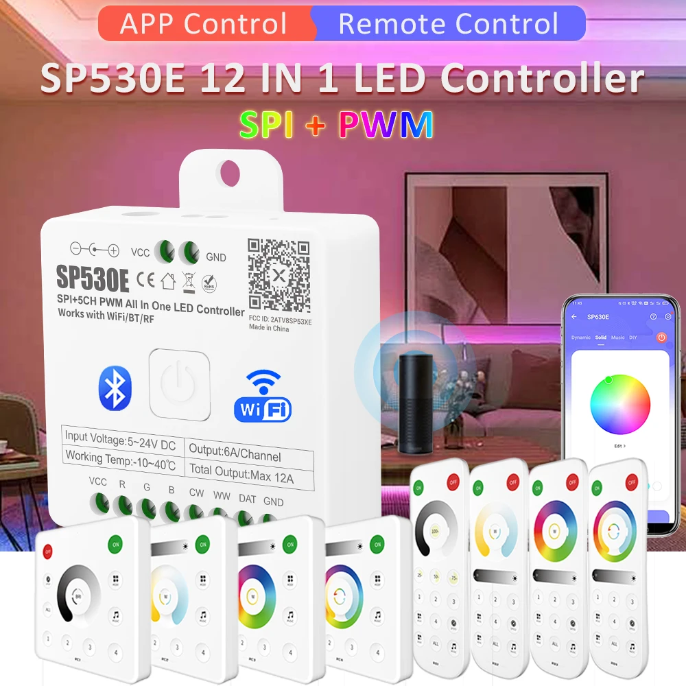 LED Controller SP530E Wifi Bluetooth RF 5V 12V 24V 5CH WS2812B WS2811 SK6812 LED Strip Controler Works with Alexa Google Home