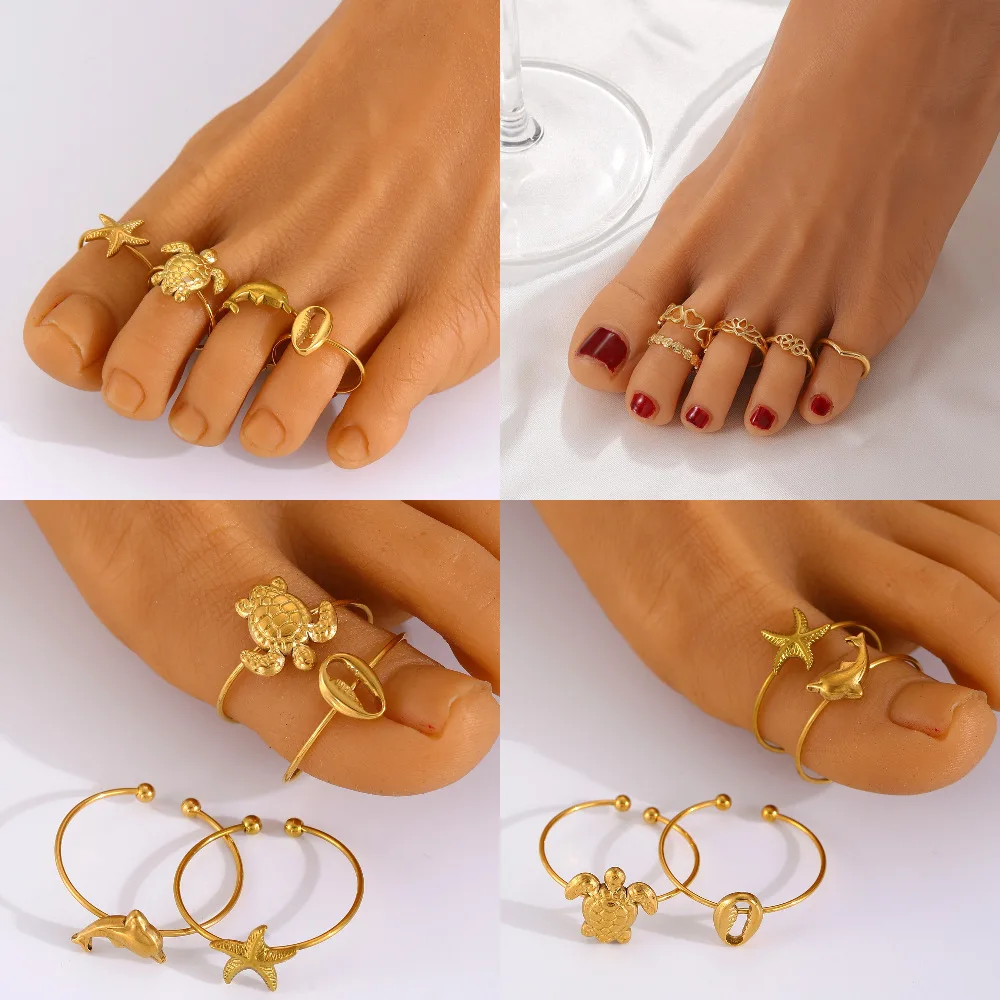 Boho Beach Ocean Animals Toe Open Rings for Women Stainless Steel Turtle Dolphin Flower Cute Big Toe Wear Jewelry Five Toes Ring 3