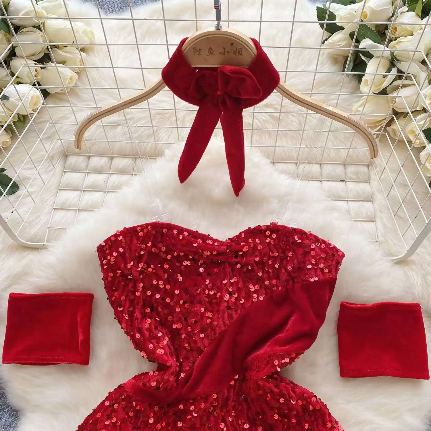 Secret Clothes Skinny Red Short Dress Sexy Sequin Bodycone Strapless Club Party Night Rrotic Bunny Cosplay Mini Dress Casual New