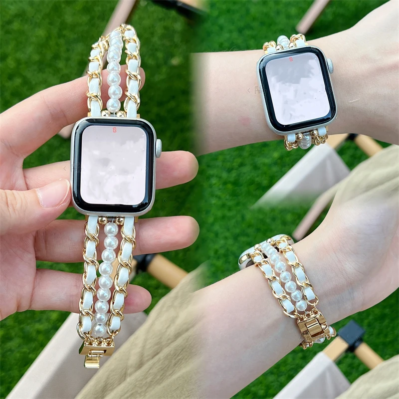 

Ремешок металлический для Apple Watch Band 40 мм 44 мм 38 мм 42 мм, браслет из нержавеющей стали с жемчугом для iwatch 8 7 6 5 4 3 45 41 49 мм