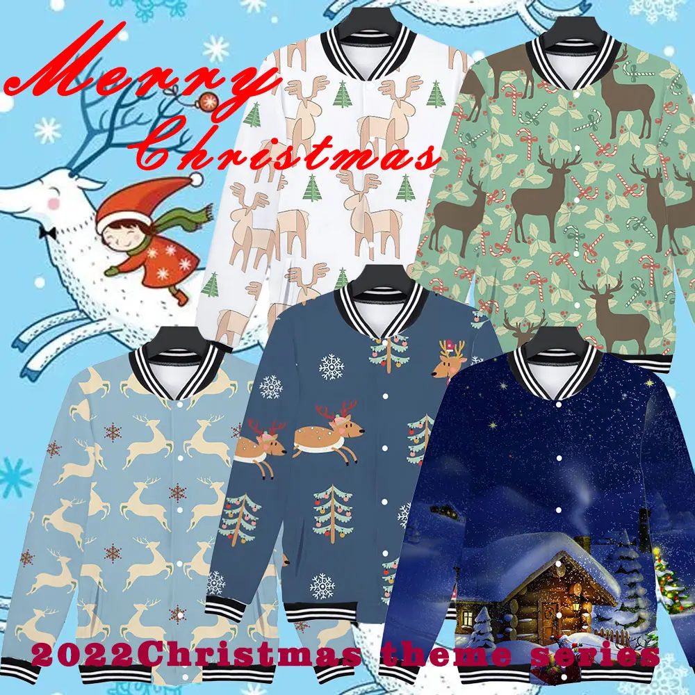 2022 Christmas Print Jacket Men's and Women's Stand Collar Casual Sports Top 3D Pattern Baseball Suit Couple Coat Gift