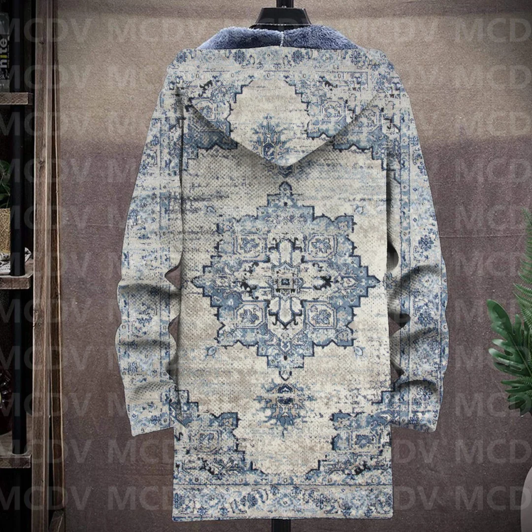 Men's Retro Totem Print Plush Thick Long-Sleeved Coat Fleece Hooded Overcoat Unisex Thick Warm Jacket-10 style