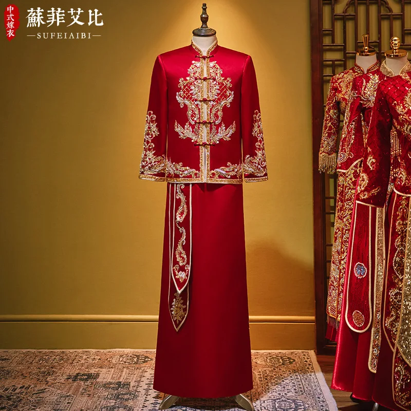 

Vintage Elegant Oriental Embroidery Beading Tang Suits Clothing Groom Wedding Qipao Dress Chinese Style Wedding Toast Costumes