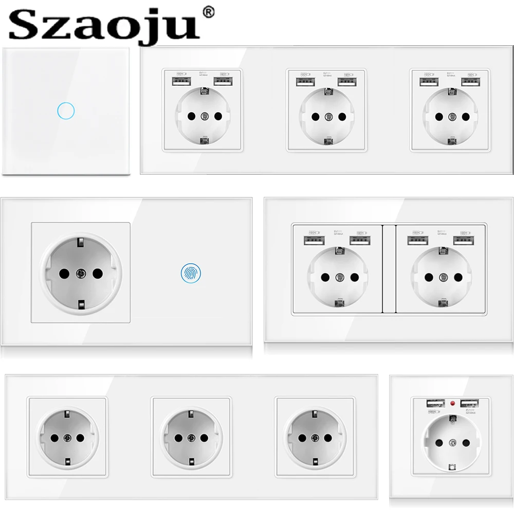SzaojuTouchLightSwitchWithEUUSBWallSocketsWhiteGlassCrystalSensorSwitchesLED
