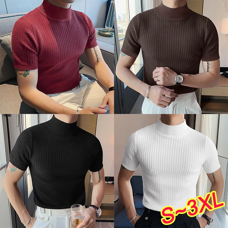 

New men's round neck knitted short sleeved solid color high necked slim fit short sleeved fashionable sweater pullover