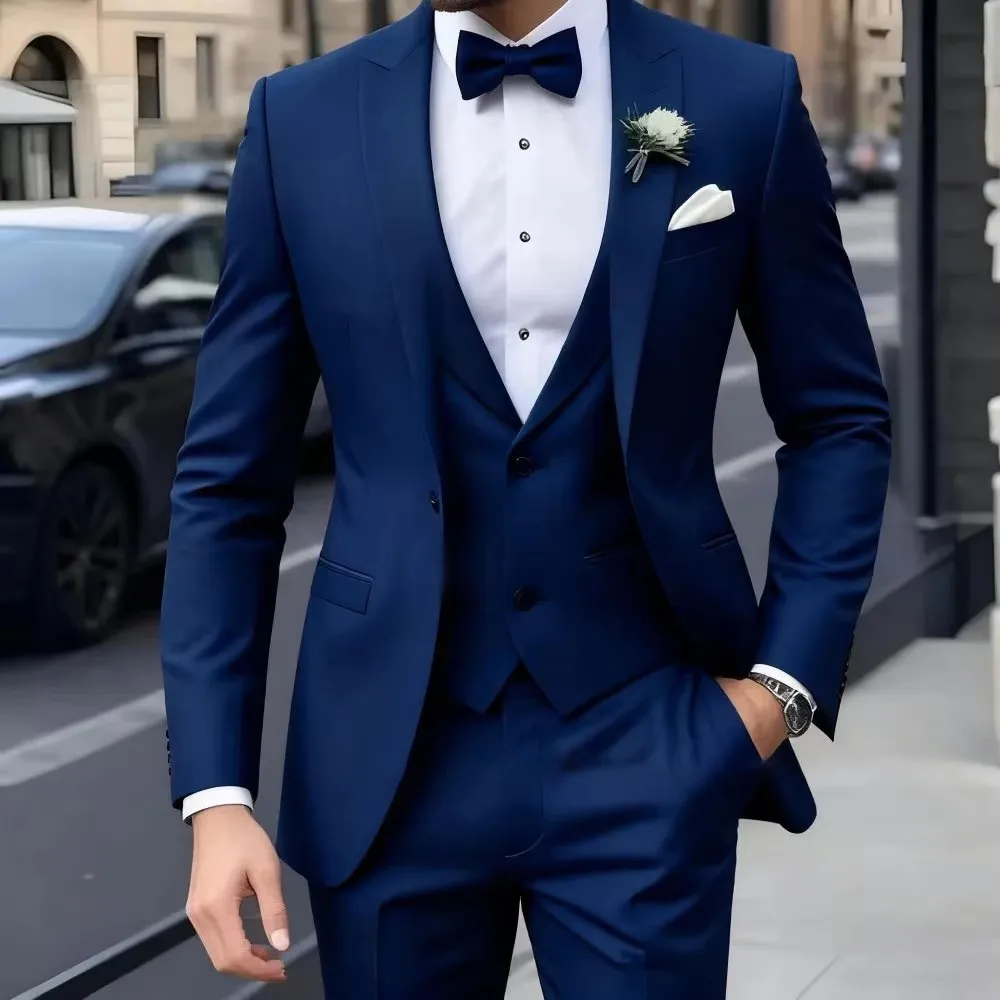 Solid Color Men's Fashion 3-Piece Tuxedo Set with Peak Lapel Blazer Vest Pants for Wedding Business Formal Groom Tuxedos