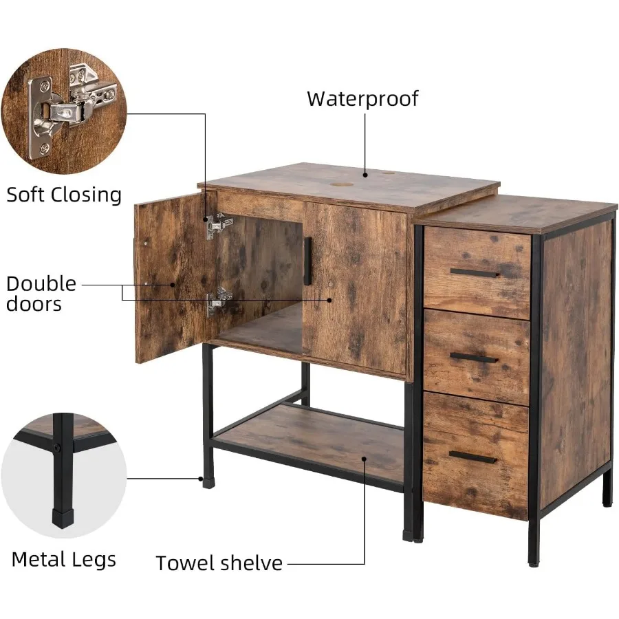 36"Antique Bathroom Vanity Dark Brown Bathroom Vanity Set with Sink and 3 Drawers Side Cabinet Combo Iron Wood Bathroom Cabinet 4
