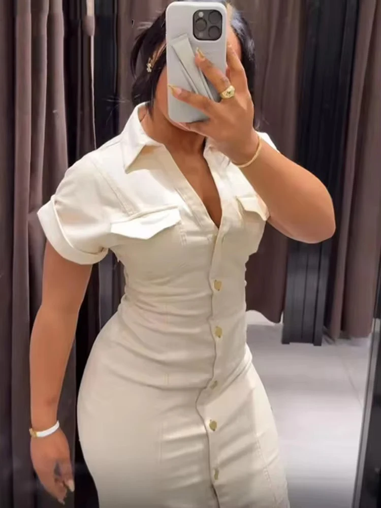 2025 Denim Long Dresses Women Bodycon Midi Dress Woman Summer Ruched Single Breasted Streetwear Casual Dresses Women