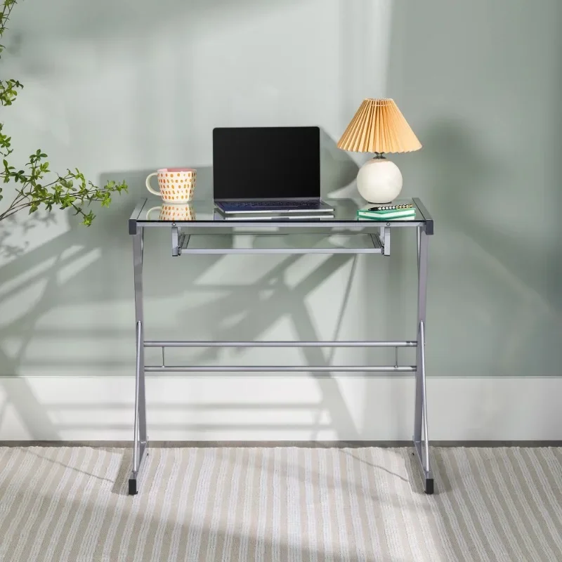 

Manor Park Glass Top Computer Desk with Pull-Out Keyboard Tray, Silver