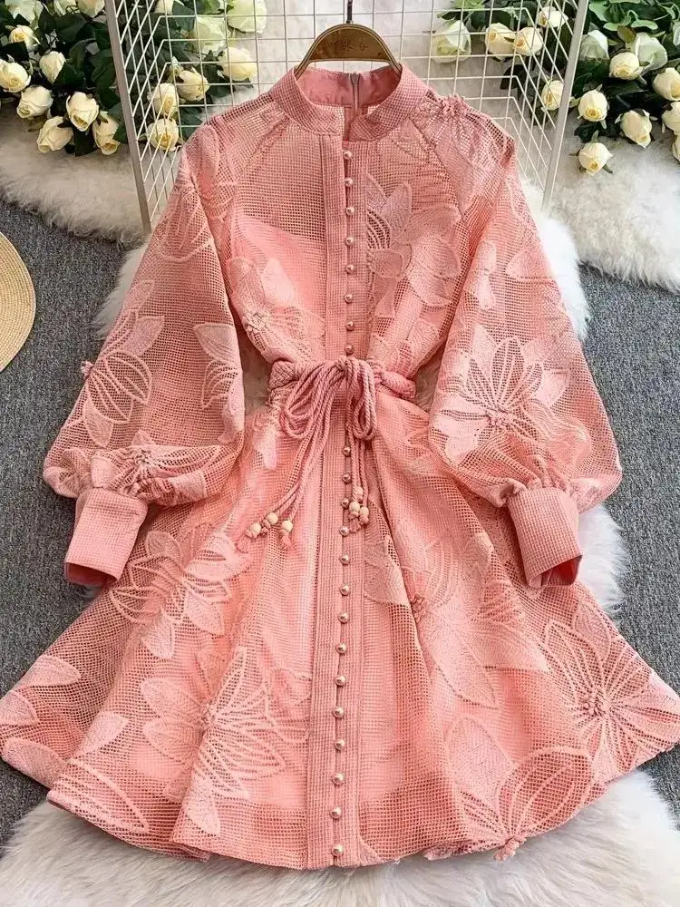 Elegante mini abito monopetto con cintura Donna 2025 Nuova primavera Lanterna di lusso Manica lunga Abiti ricamati Abiti bianchi - Image 6