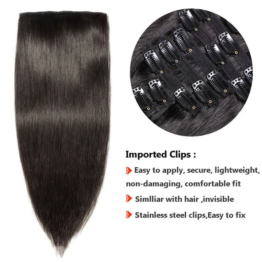 Straight Hair Clip In Hair Extensions Human 16-24Inch Clip-Ins Full Head 8 Pcs/Set For Women 120G Remy Natural Black
