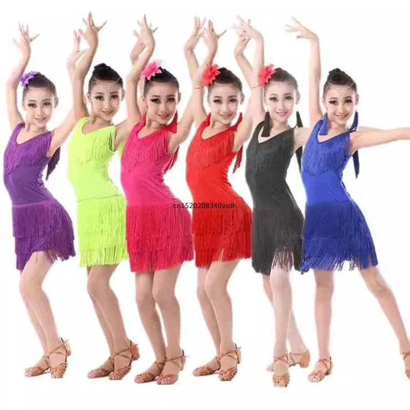 

Платье для латиноамериканских танцев для девочек; костюмы для девочек; детская одежда; платья для Бальных соревнований; модное трико с блестками и кисточками; Сальса