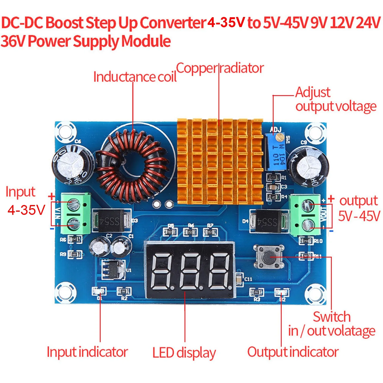 Power Supply Voltage Converter Power Module DC-DC Boost Step Up Converter 4-35V to 5V-45V 5A